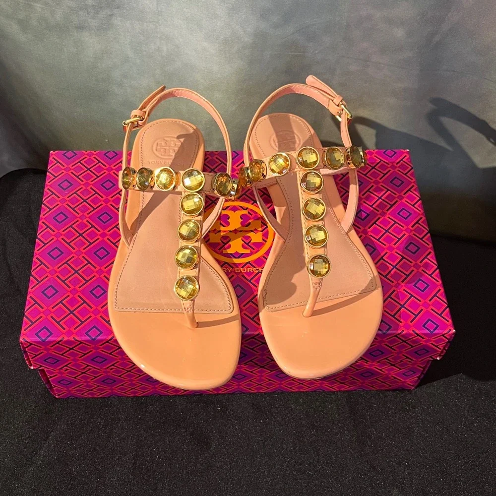 Tory Burch Mariah Flat Thong‎ Sandals Sorbet Pink Patent Crystal Womens 7